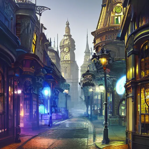 Image similar to a futuristic victorian city street, national geographic cover, award winning, 4 k, smooth, bright, light, colorful, victorian, futuristic, cyber - w 7 6 8