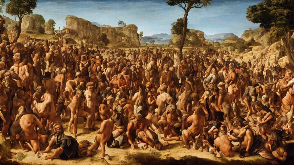 Image similar to hundreds of neanderthals gathering for a trade in an african valley, in the style of italian renaissance