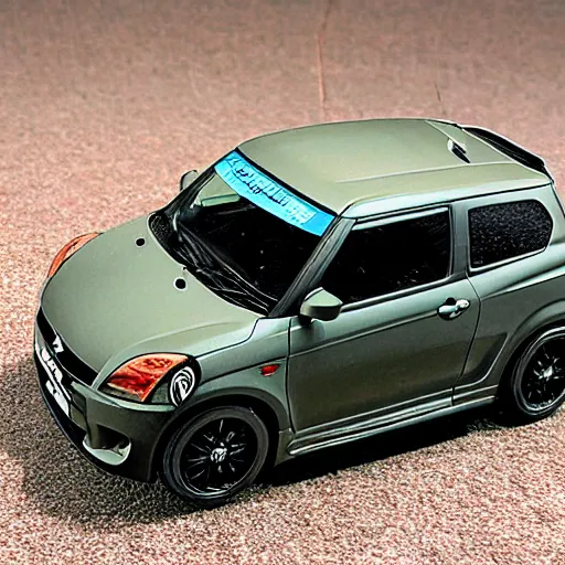 Prompt: 1/24 scale model of Suzuki swift Sport with a 1/35 scale model of a sdkfz 251 in the background, high quality, Model photograph, high detail, 8k, studio lighting