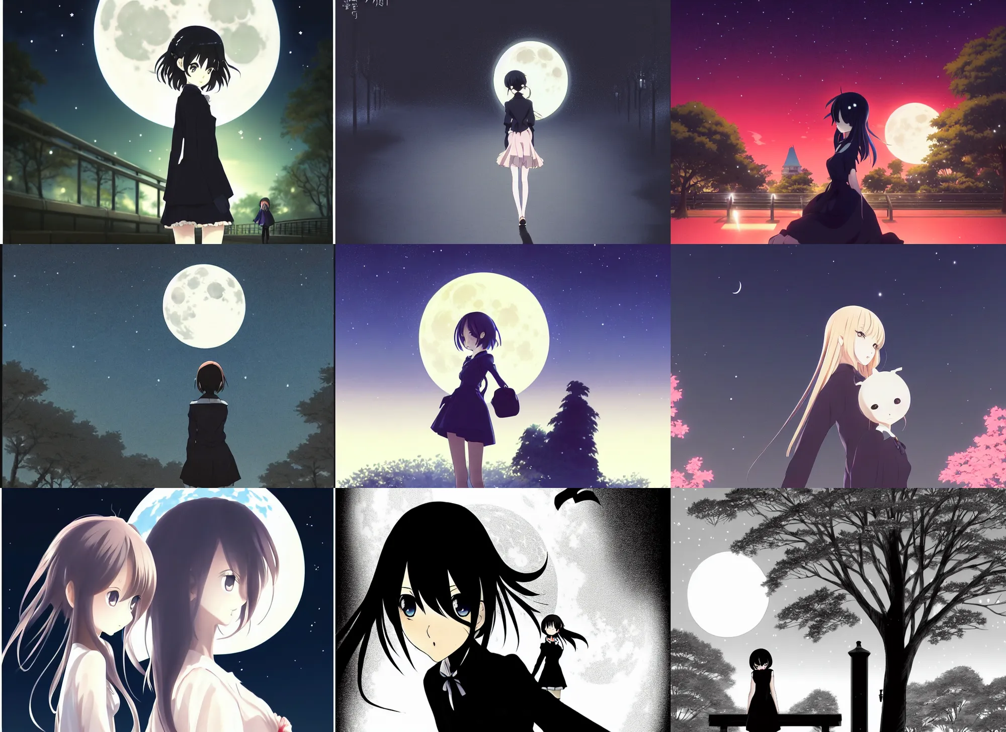 Prompt: anime visual, dark portrait of an elegant girl sightseeing at night in a park, moon, cute face by yoh yoshinari, katsura masakazu, dynamic pose, dynamic perspective, ilya kuvshinov, strong silhouette, anime cels, 1 8 mm, rounded eyes, realistic proportions, dramatic, detailed facial features, crisp, fine inked outlines on top