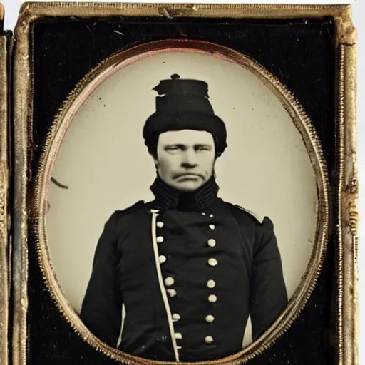 Image similar to daguerreotype of olaf scholz wearing a 1 9 th century prussian officer uniform, very detailed, very intricate,