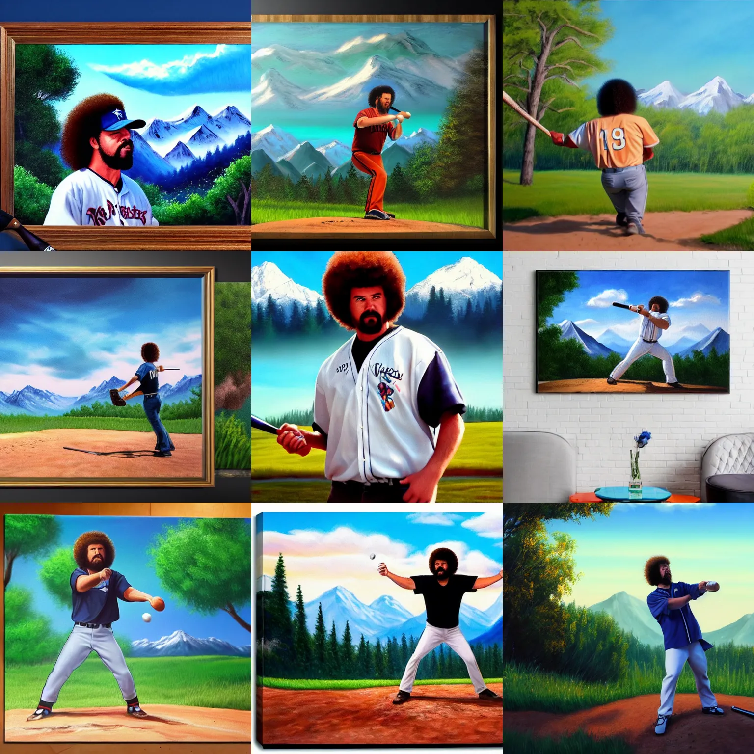 Image similar to a closeup photorealistic photograph of bob ross style kenny powers playing baseball, painting on a canvas. mountains and trees. film still. brightly lit scene. this 4 k hd image is trending on artstation, featured on behance, well - rendered, extra crisp, features intricate detail, epic composition and the style of unreal engine.