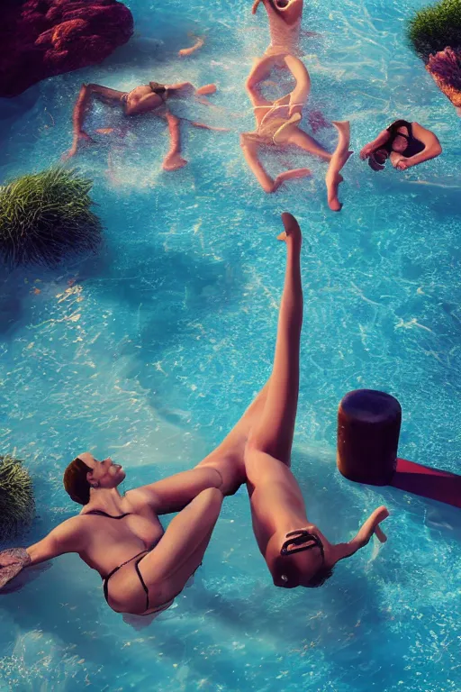 Image similar to summer swimming party, dark fantasy, photorealistic, octane render