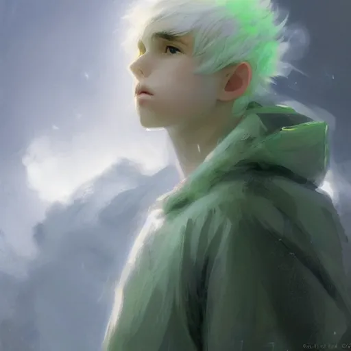 Prompt: a 14 year old teenage ghost boy with pale skin white hair and glowing green eyes. White breath showing in the cold air. Kuvshinov ilya. Ruan Jia. By Greg Rutkowski