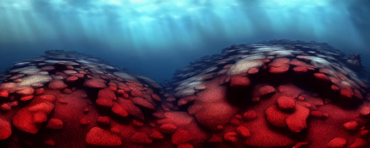 Prompt: A gorgeous detailed oil of a dark red sea covered in big blue steep rocks, a school of piranhas underwater, the further away the mistier it gets, surreal, concept art, dark aesthetic, atmospheric, moody, hyperrealism, highly detailed, masterpiece, award winning, 4k, unreal engine, ray tracing