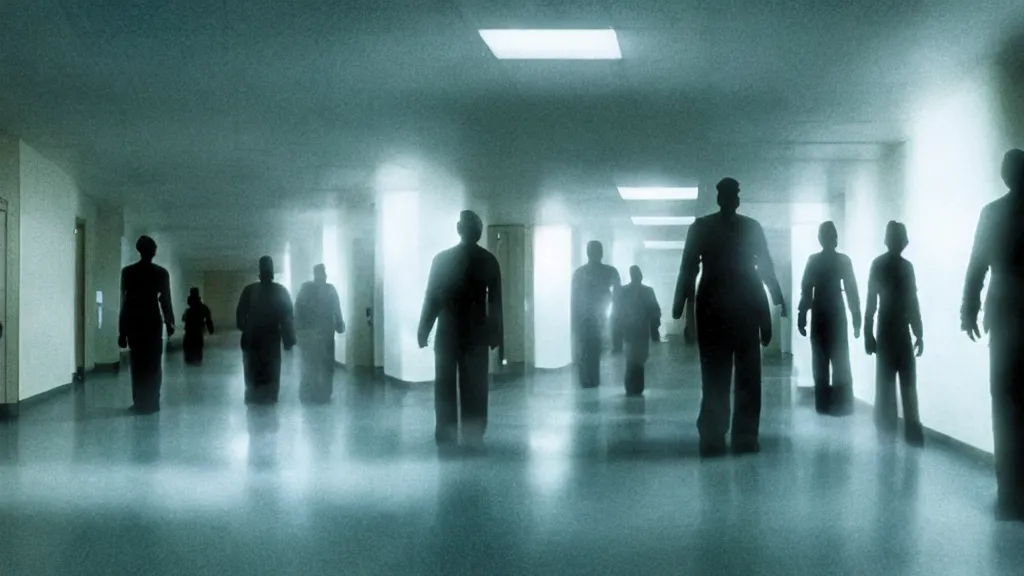 Image similar to shadow monsters invade the hospital, film still from the movie directed by denis villeneuve and david cronenberg with art direction by salvador dali, wide lens
