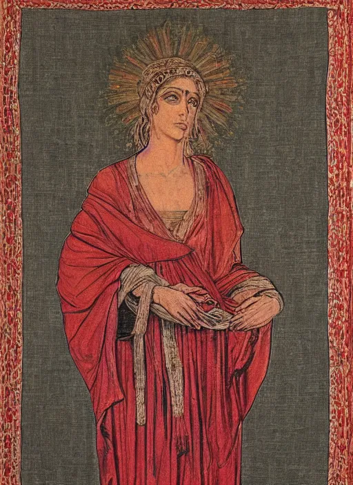 Image similar to Portrait of a beautiful priestess from the oracle of Delphi, looking into the flames, greek fabric