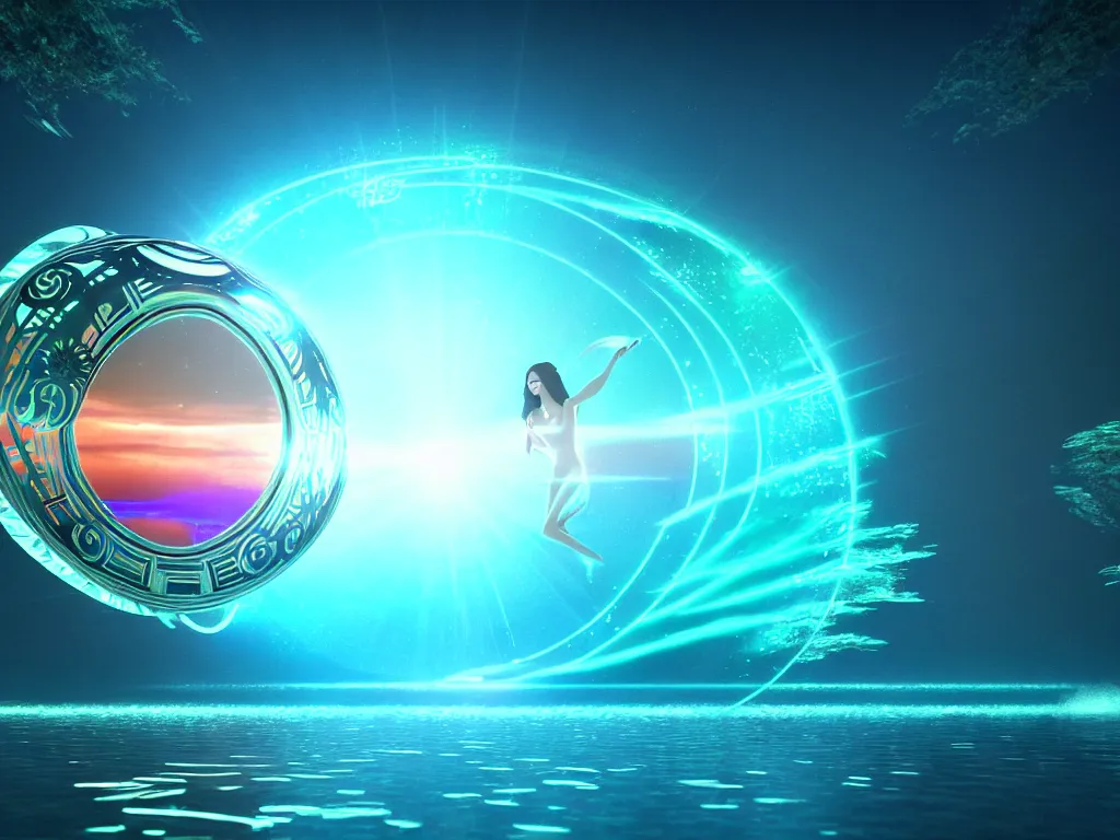 Image similar to beautiful artdeco digital illustration of one beautiful magical gleaming holographic portal to another world, in a lake, opening under the water, magical, ethereal, sci - fi, art, 8 k render octane high definition