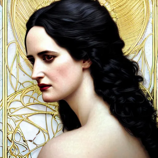 Image similar to beautiful detailed picture of eva green as yennefer, radiant light, art nouveau, intricate, elegant, highly detailed, symmetrical face, my rendition, digital painting, artstation, concept art, smooth, sharp focus, illustration, art by artgerm and greg rutkowski and alphonse mucha