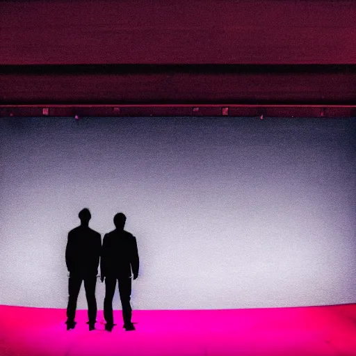 Image similar to Two male silhouettes on an empty theatre stage, polaroid picture, colour, bright, motion blur