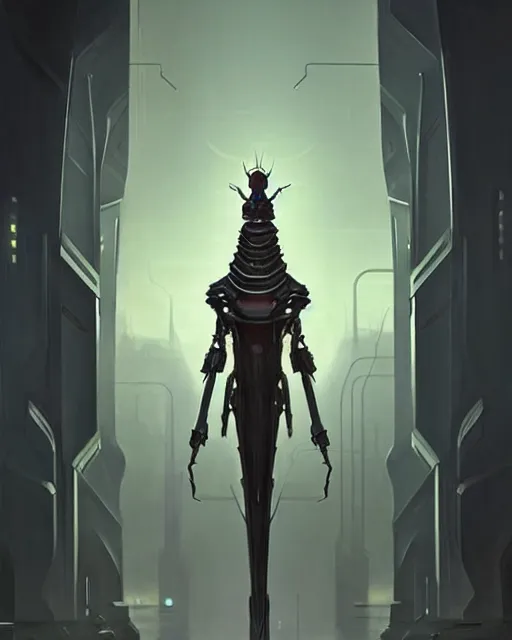 Prompt: concept art for a tall bug futursitc knight, designed to appear like an insect, sleek design, futursitic design, detailed digital illustration by greg rutkowski, android netrunner