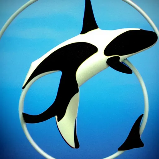 Image similar to an orca jumping through a hoop held by robbie williams, sea world, high detail