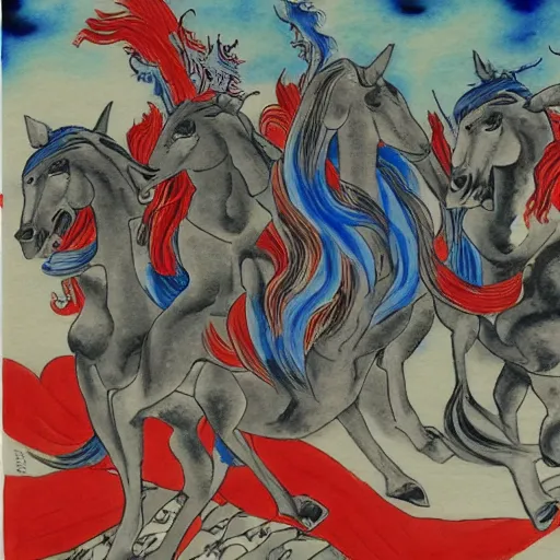 Image similar to four horsemen of apocalypse, in style of traditional japanese watercolor painting