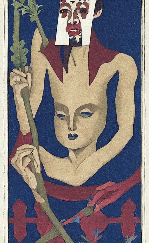 Prompt: an occult tarot card, the fool who is a madman with a beautiful face, rule of thirds, holding a staff and a white flower, clever design, oval ornate modern graphic design border, minimal, flat colors, tarot card, by hannah hoch and jesse treece and christian jackson and josh brill