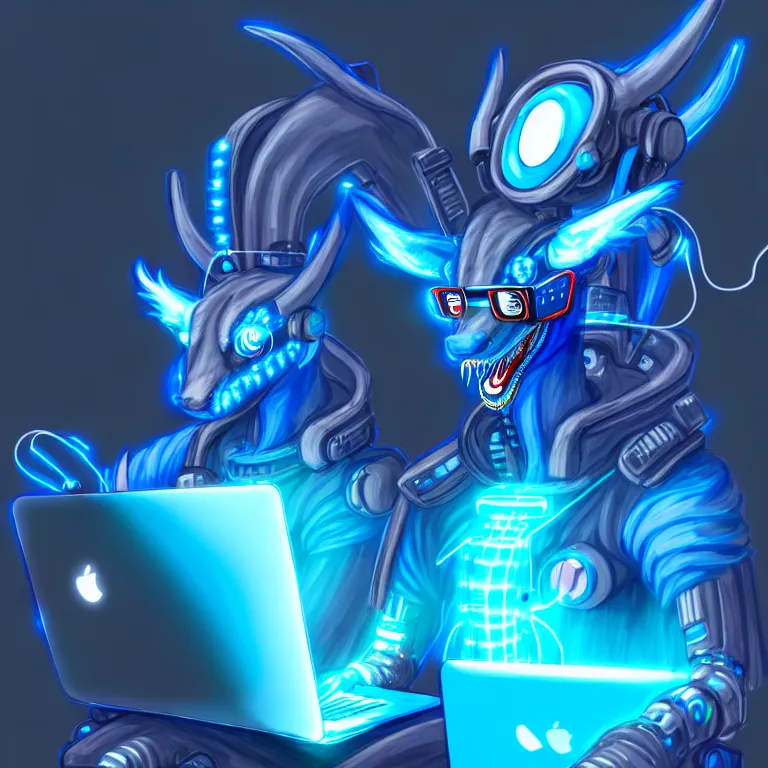 Image similar to an anthropomorphic male blue dragon fursona wearing a cybernetic suit, headphones on his head, laptop, cyberpunk, furry, vivid saturation, digital art, soft lighting