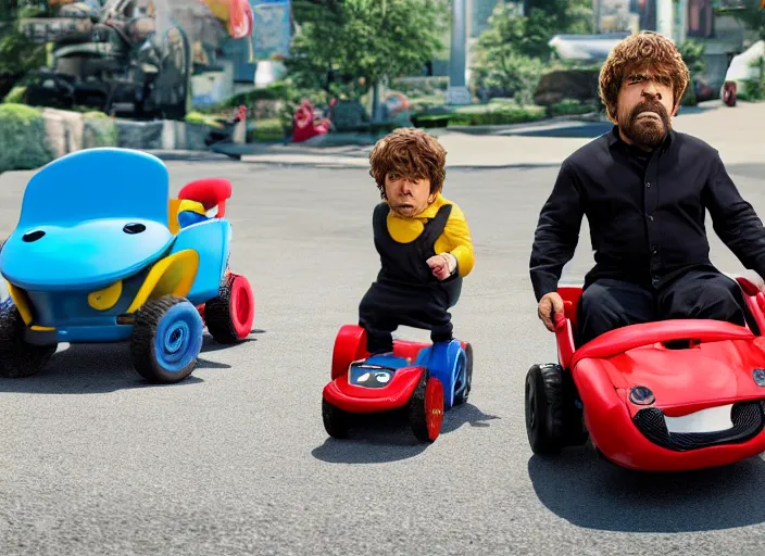 Image similar to peter dinklage racing gary coleman driving a little tikes cars, movie still, from the new fast and furious movie, 8 k, realistic