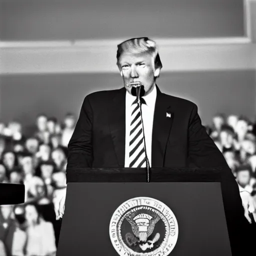 Prompt: photo of donald trump 1944 germany giving a speech, black and white, cinestill, 800t, 35mm, full-HD