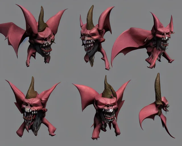 Prompt: 3d sculpt of a clown faced bat with huge bat wings, skull, artstation, digital illustration, league of legends, dark souls