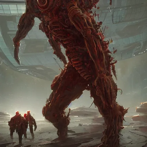 Image similar to scifi art by Greg Rutkowski, a person infected with a kind of reddish sienum that is sprouting from all over his body, violent and vicious appearance, dressed in a futuristic mining space suit, claustrophobic science fiction setting inside a desolate space colony, detailed and intricate environment, high technology, digital painting, artstation, concept art, smooth, sharp foccus ilustration, Artstation HQ.