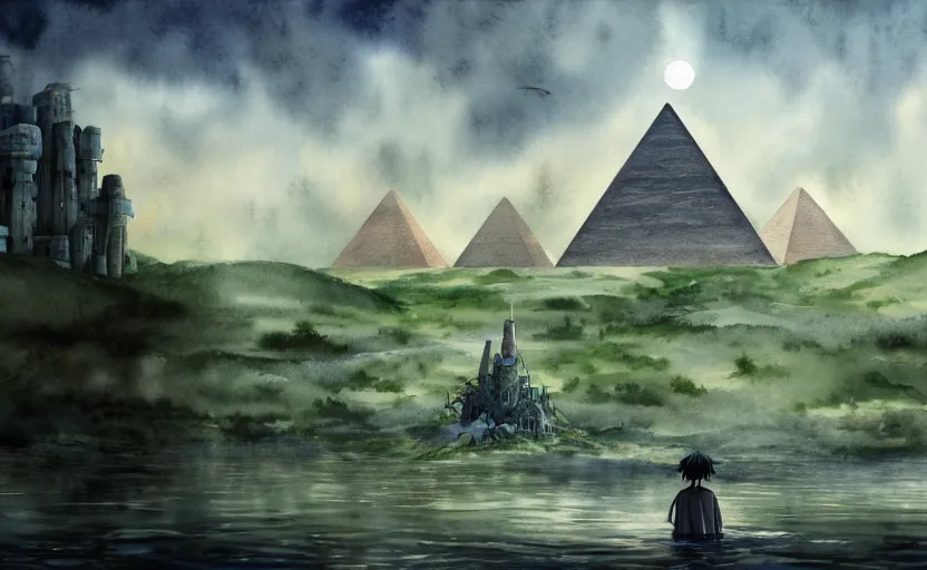 Image similar to a realistic and atmospheric cell - shaded watercolor concept art from howl's moving castle ( 2 0 0 4 ) of a sci - fi city and an egyptian pyramid complex in a flooded rainforest. very dull muted colors, hd, 4 k, hq