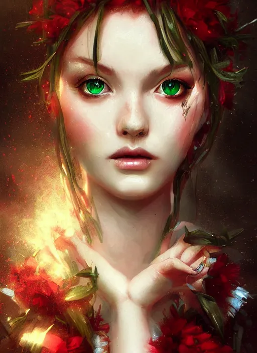 Image similar to a gorgeous flower princess portrait by WLOP, emerald green eyes, red hair, digital painting, beautiful lighting, ominous, cgsociety