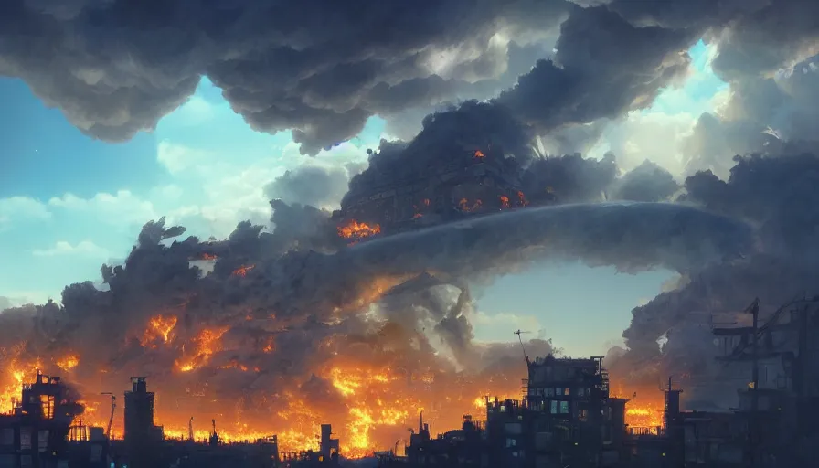 Prompt: A highly detailed matte painting of the biggest cat ever destroying a city, fire smoke and explosions, by Studio Ghibli, Makoto Shinkai, by Artgerm, by beeple, by Greg Rutkowski, volumetric lighting, octane render, 4K resolution, trending on artstation, masterpiece