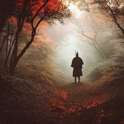 Prompt: a samurai walks alone through the light woods, bright, scenic, lively, cinematic lighting, intricate detail