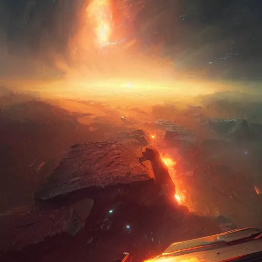 Prompt: galaxy in flames, a fantasy digital painting by greg rutkowski and james gurney, trending on artstation, highly detailed