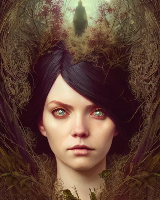 Image similar to highly detailed vfx - portrait of a witch, wonderful eyes, unreal engine, greg rutkowski, only, once, people, makoto shinkai and lois van baerle, ilya kuvshinov, rossdraws, tom bagshaw, alphonse mucha, global lighting, detailed and complex environment