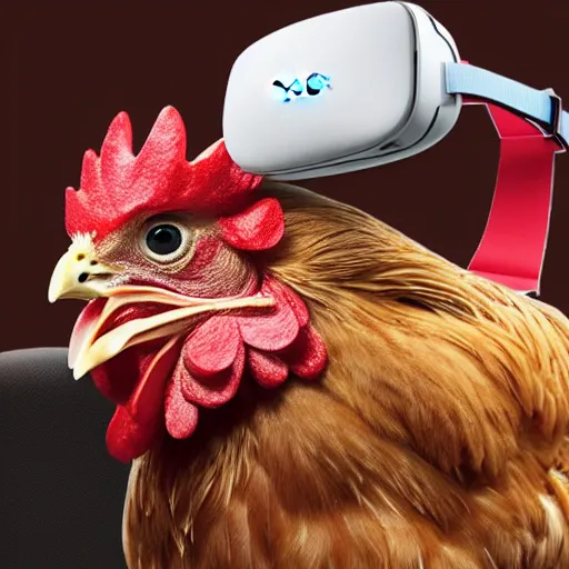 Image similar to a photo of a chicken wearing a chicken-sized VR headset over its head