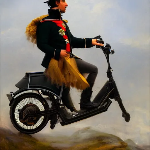 Image similar to Napoleon Bonaparte riding his electric scooter to battle by Jeremy Lipkin and Giuseppe Dangelico Pino, oil on canvas, epic pose, 8k