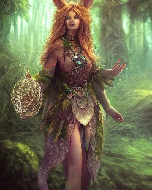 Prompt: a mystic rabbit druid mage. photorealistic, ethereal, magical forest, bokeh, highly detailed, trending artstation