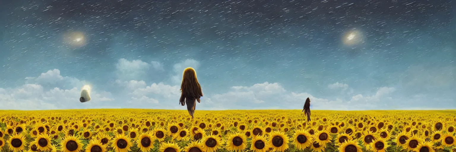 Image similar to giant sunflower as a head, girl walking in wheat field, hills, surreal photography, dark night, star trails, dramatic light, impressionist painting, clouds, digital painting, artstation, simon stalenhag