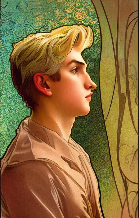 Image similar to young man with short blond hair, looking downwards, magical swirls, magical light, magical atmosphere, depression, alphonse mucha style, painterly, highly detailed, 8 k