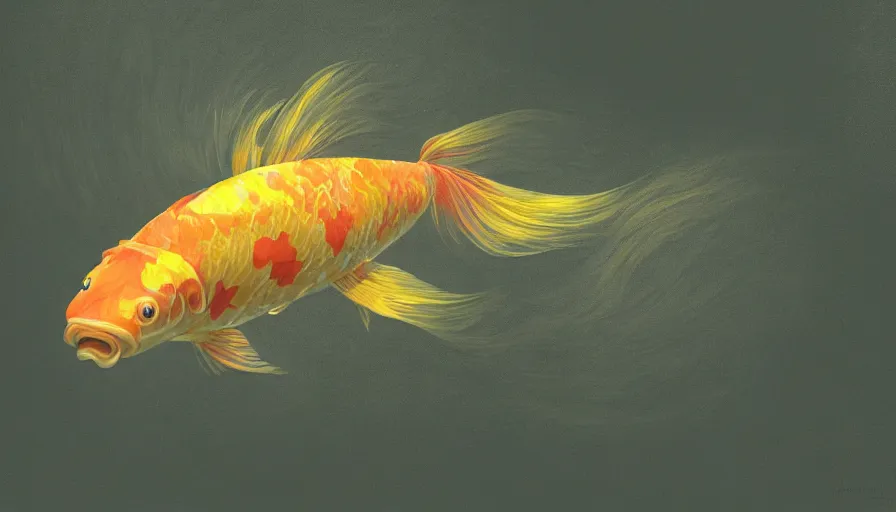 Image similar to a desolate golden glowing koi! swims in magical water with caustics and volumetric lighting, photorealistic painting