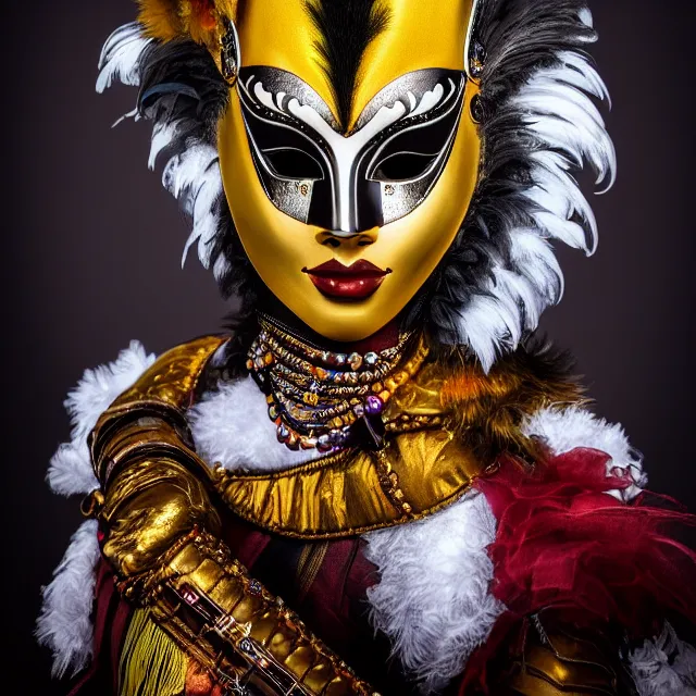 Image similar to photo of a beautiful!! harlequin warrior with venetian mask highly detailed 8 k hdr smooth sharp focus high resolution award - winning photo photorealistic