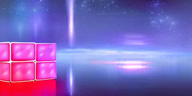 Prompt: beautiful multiple glowing cubes all interconnected to each other with tubes, atmospheric lighting, intricate, volumetric lighting, beautiful, sharp focus, ultra detailed, in the art style of bowater charlie, brom gerald, lake baikal in the background, astrophotography