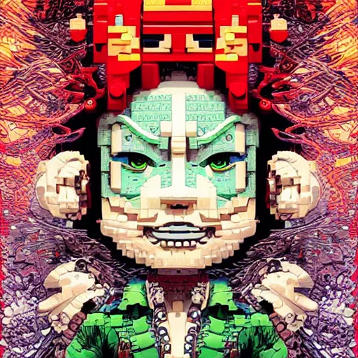 Image similar to portrait of crazy lego character, symmetrical, by yoichi hatakenaka, masamune shirow, josan gonzales and dan mumford, ayami kojima, takato yamamoto, barclay shaw, karol bak, yukito kishiro