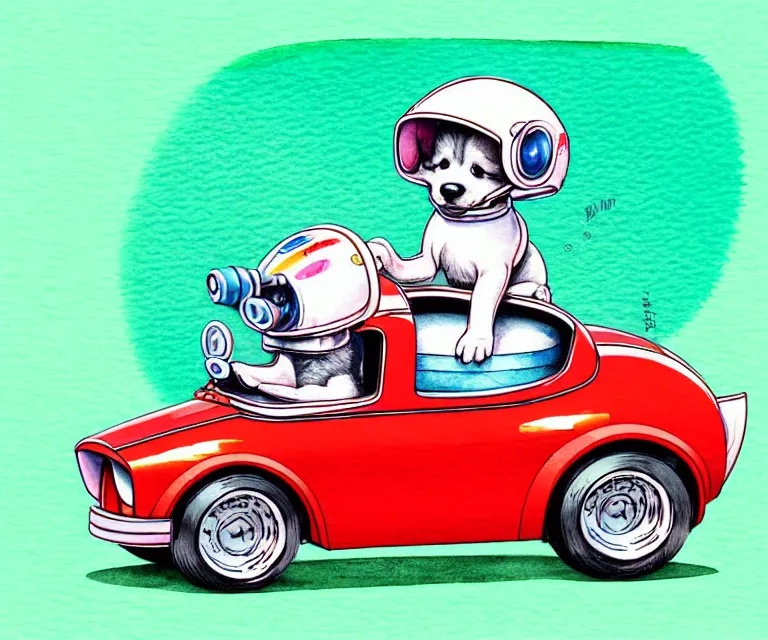 Image similar to cute and funny, puppy wearing a helmet riding in a tiny hot rod with an oversized engine, ratfink style by ed roth, centered award winning watercolor pen illustration, isometric illustration by chihiro iwasaki, edited by range murata, tiny details by artgerm and watercolor girl, symmetrically isometrically centered, sharply focused