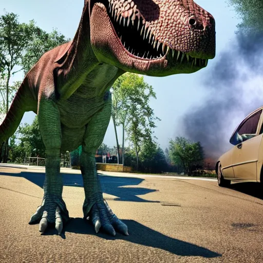 Image similar to a realistic photo of a dinosaur standing on two legs smoking a cigarette in their mouth hdr professional shot, full body
