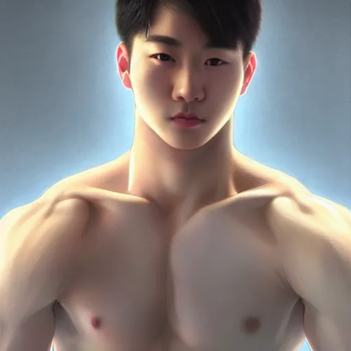 Image similar to a korean bodybuilder college boy, head to toe, bokeh, beautiful face!!!!, 2 3 years old, cg animation, lifelike, animated, realistic, character select portrait, by artgerm, greg rutkowski, alphonse mucha, 3 d