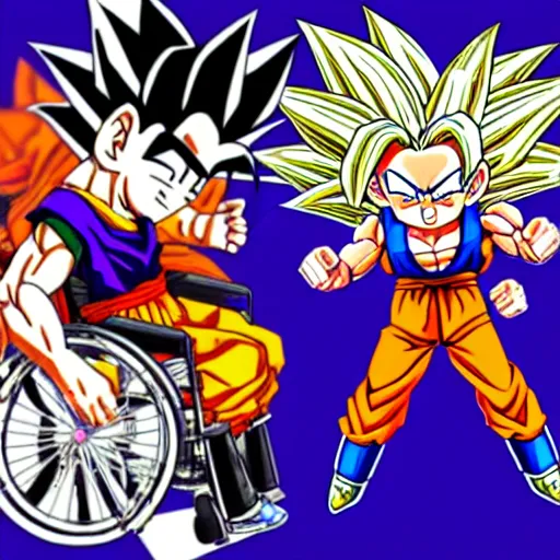 Image similar to chibi goku in a wheelchair getting hit by Gohan