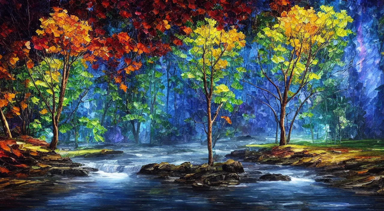 Image similar to A beautiful, highly detailed, very realistic oil painting of a single tree with rainbow leaves, next to a small river, glowing bright blue in the middle of a huge, very dark cave, with lots of dark grey rocks, oil painting by Afremov and Greg Rutkowski.