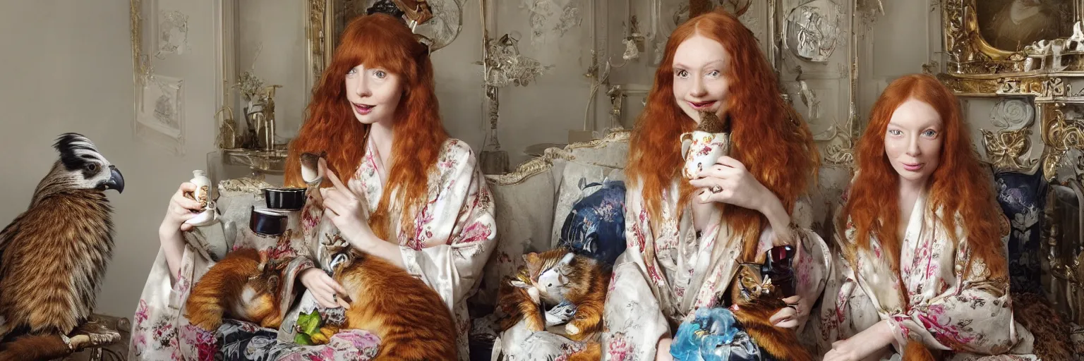 Image similar to a stunning hyper-detailed photorealistic painting of a slender beautiful smiling woman with long ginger hair and bangs, wearing a luxurious silk robe, wearing headphones and posing with her large ginger tabby cat and her raccoon and parrots in an overstuffed easy chair in her sunlit victorian living room, holding a porcelain parrot-shaped coffee mug and a donut, perfect eyes, fashion photography, cinematic lighting, octane render, IBEX Masters, unreal engine, 85 mm lens,