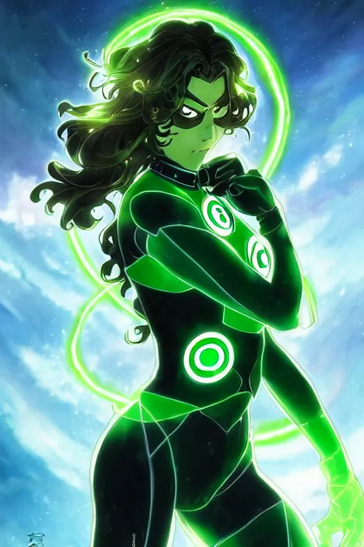 Image similar to anime key visual of a beautiful young female green lantern!! intricate, green and black suit, glowing, powers, dc comics, cinematic, stunning, highly detailed, digital painting, artstation, smooth, hard focus, illustration, art by artgerm and greg rutkowski and alphonse mucha