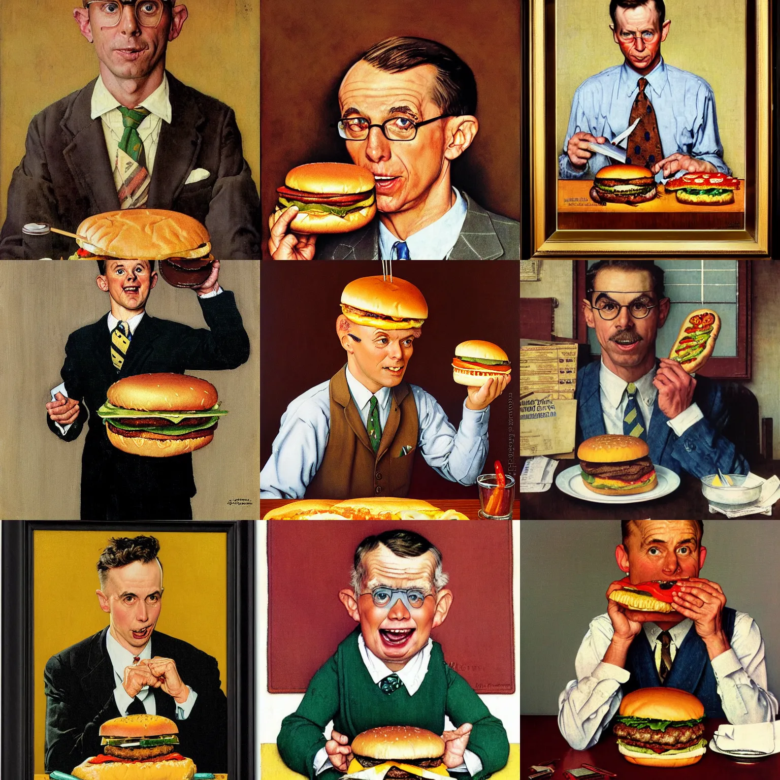 Prompt: Norman Rockwell portrait of a cheeseburger that is an accountant