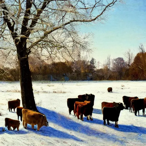 Prompt: of a sunny winter at a greeny pasture with cows