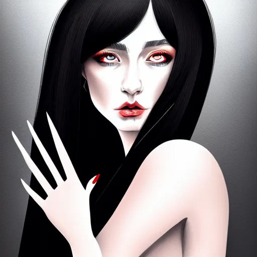 Prompt: portrait, fantasy woman with black hair, the lady of ash, elegant, illustration, intricate, sharp focus, digital painting