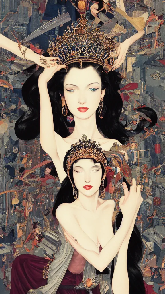 Image similar to a beautiful black haired woman with pale skin and a crown on her head sitted on an intricate metal throne new york circa 1 9 8 4 edward hopper and james gilleard, surreal, open ceiling, highly detailed, airbrush, ilya kuvshinov, wlop, stanley artgerm, very coherent, art by takato yamamoto and james jean