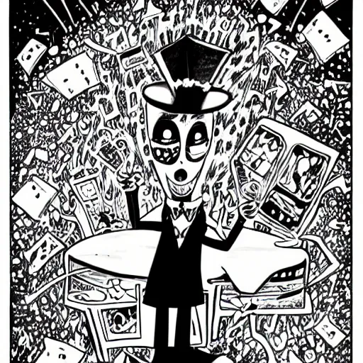 Prompt: black and white trippy comic art of a man in suit eating a birthday cake, drawn by martin rowson, tim burton, studio ghibli, alex pardee, nekro petros afshar, james mcdermott, cgsociety 4 k
